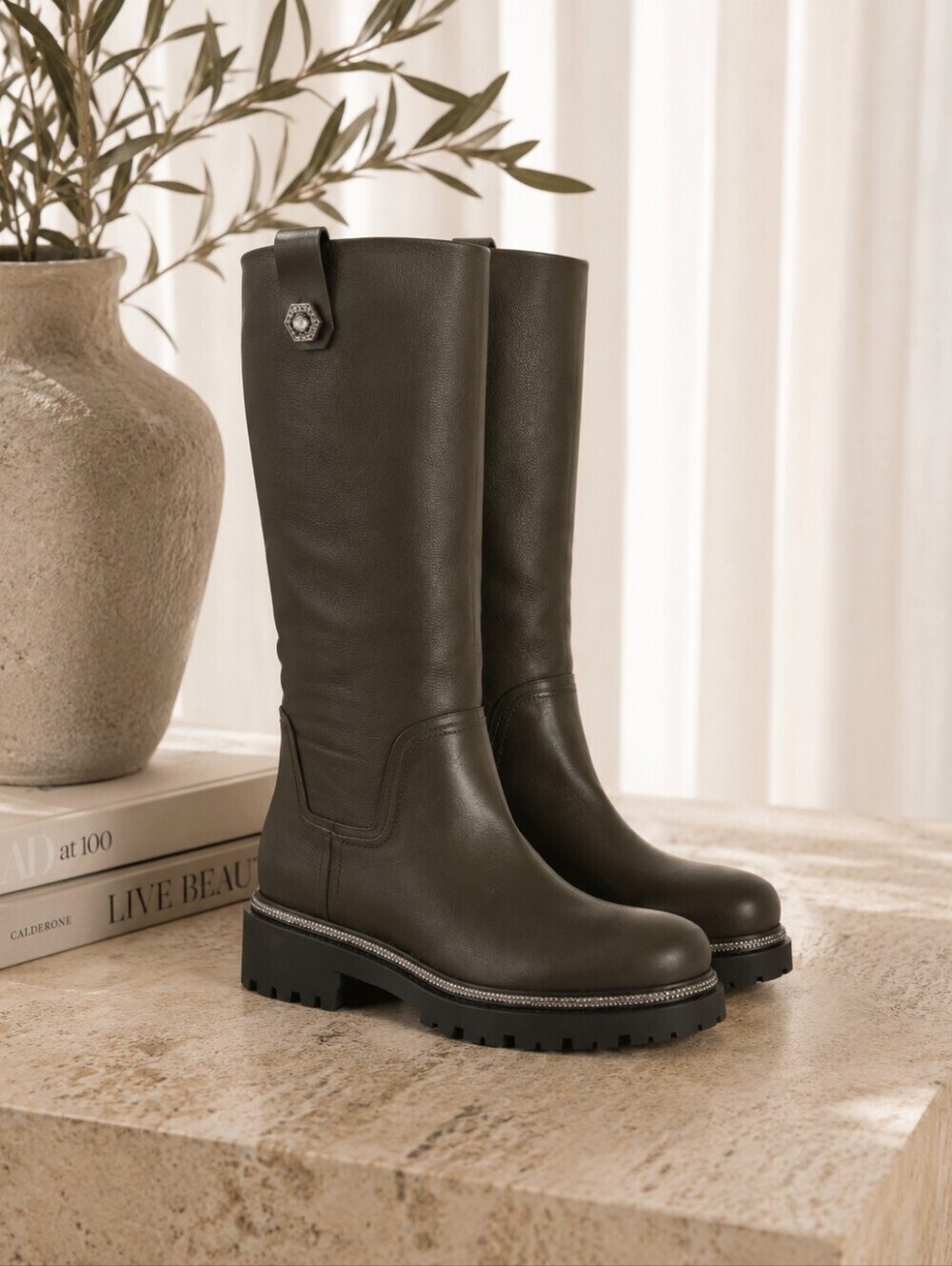 René Caovilla Olive Green Crystal Lug Sole Knee High Boots EU 39